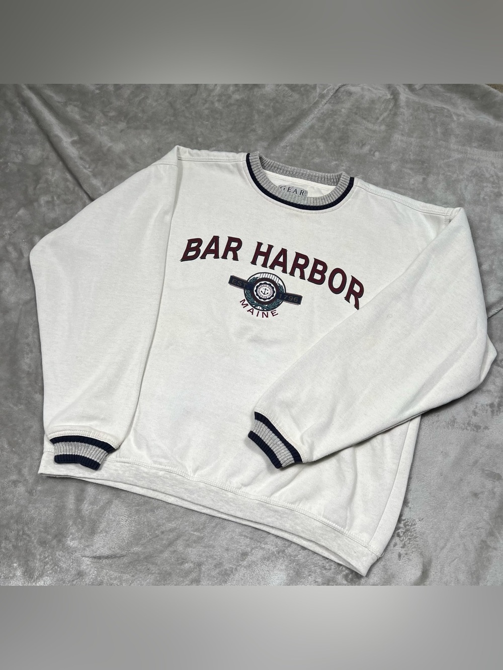 Vintage Bar Harbor Maine Sweatshirt Adult L White Fleece Lined Ringer Pullover